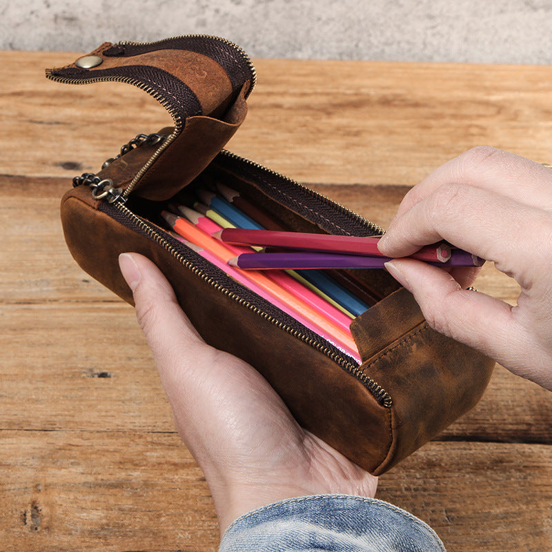 Crazy Horse Leather Portable Double Zipper Large Capacity