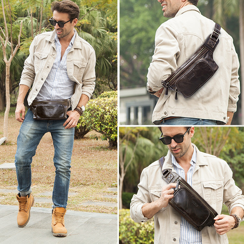 First Layer Cowhide Men&#39;s Waist Bag Sports Outdoor Men&#39;s Casual Chest Bag