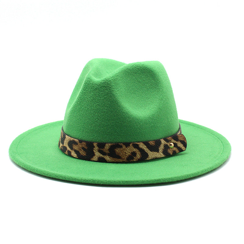 Men&#39;s Fashion Leopard Print Woolen Big Brim Top Hat