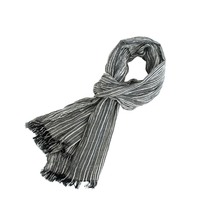 Cotton And Linen Scarf Japanese Literary Style Striped Fringed Drape