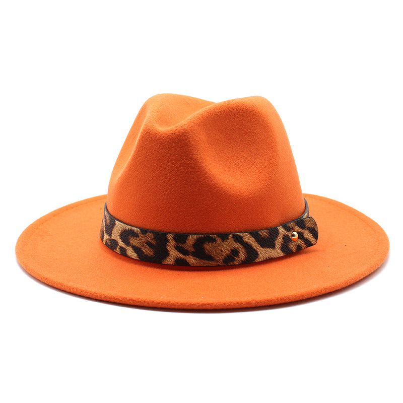 Men&#39;s Fashion Leopard Print Woolen Big Brim Top Hat