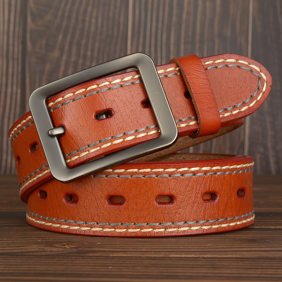 Two-Line Real Cowhide Men&#39;s Belt With Japanese Buckle