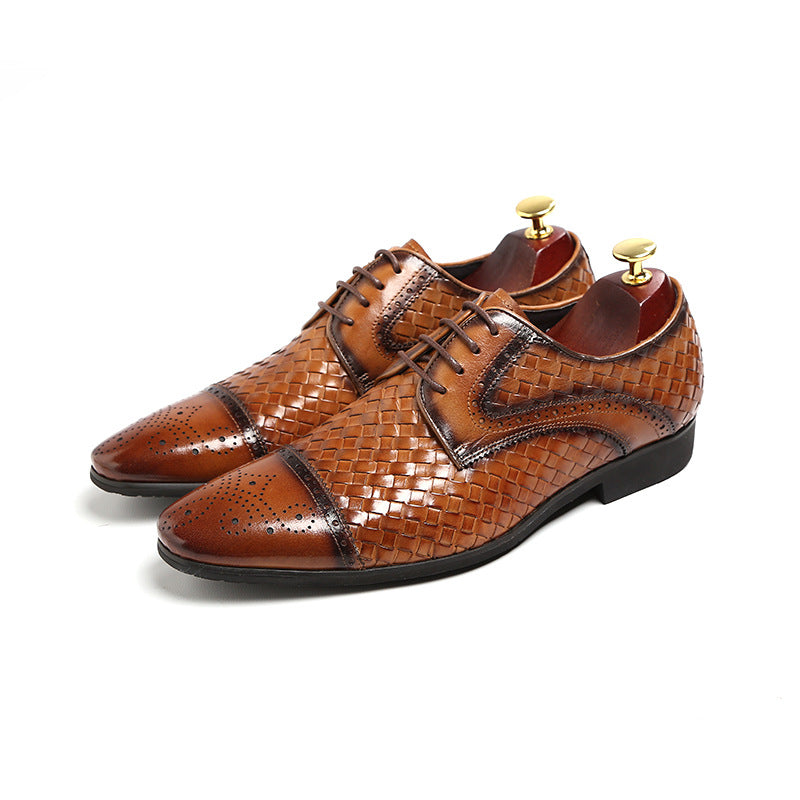 Men&#39;s New British Woven Pointed Business Leather Shoes
