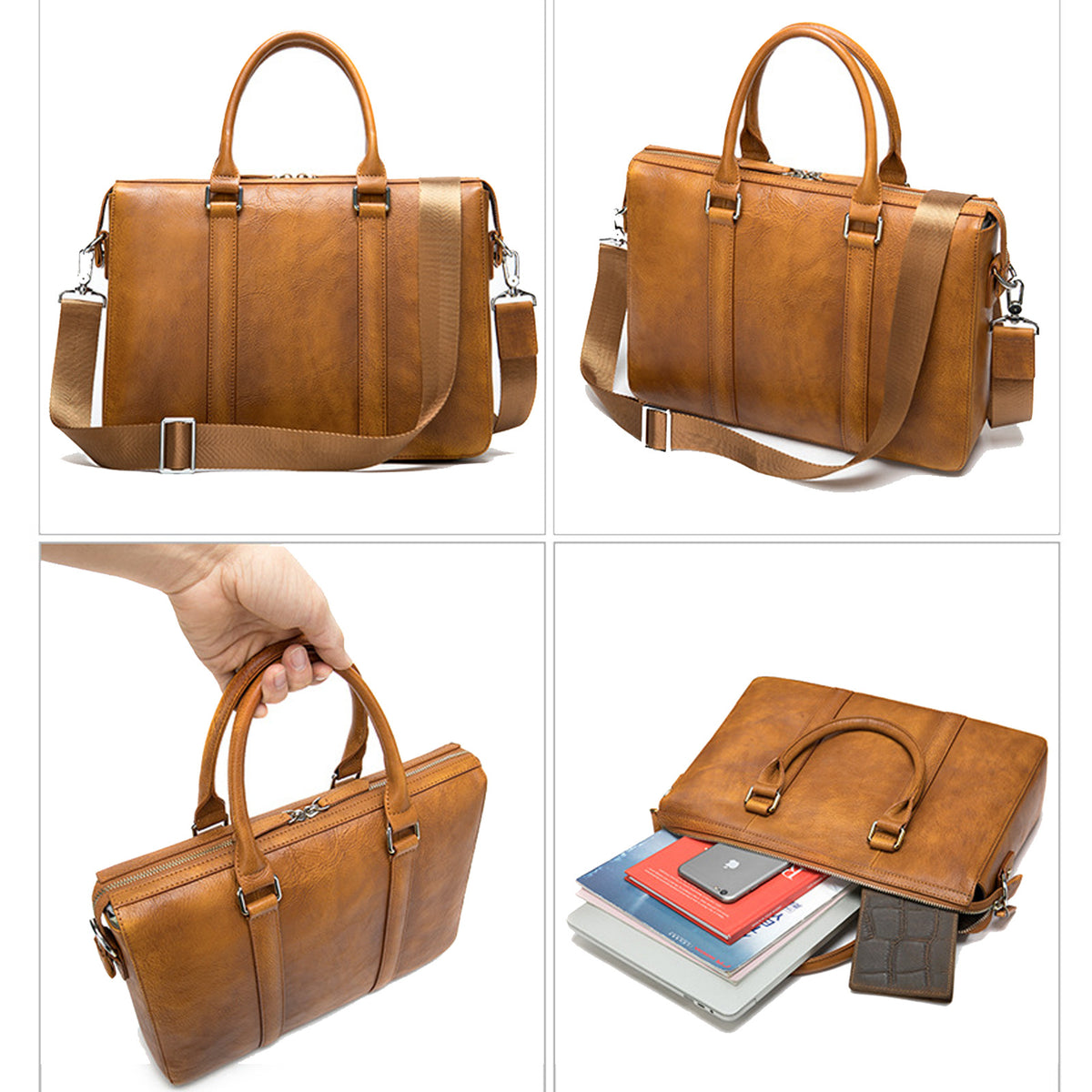 Men&#39;s Simple Solid Color Leather Briefcase