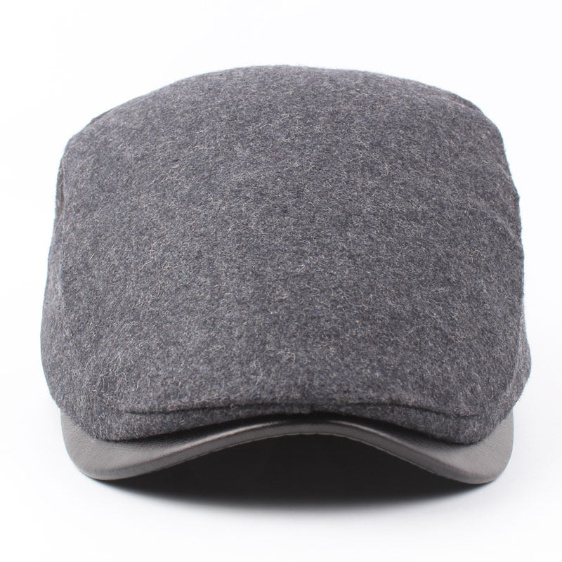 Retro Peaked Cap Woolen Material Leather Brim Autumn And Winter Warm