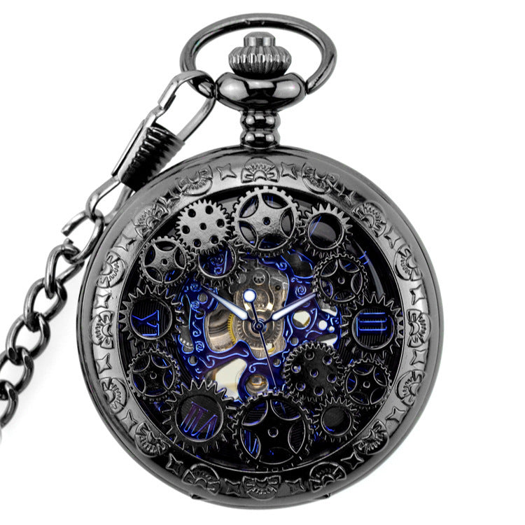 Gear Gun Black Mechanical Pocket Watch Vintage Flip Denim Chain Hollow Pocket Watch Men&#39;s And Ladies&#39; Watches