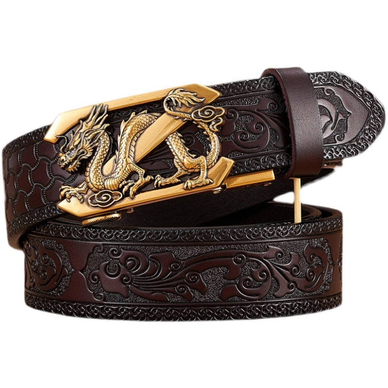 Men&#39;s Dragon Automatic Buckle Two-layer Cow Leather Embossed Belt