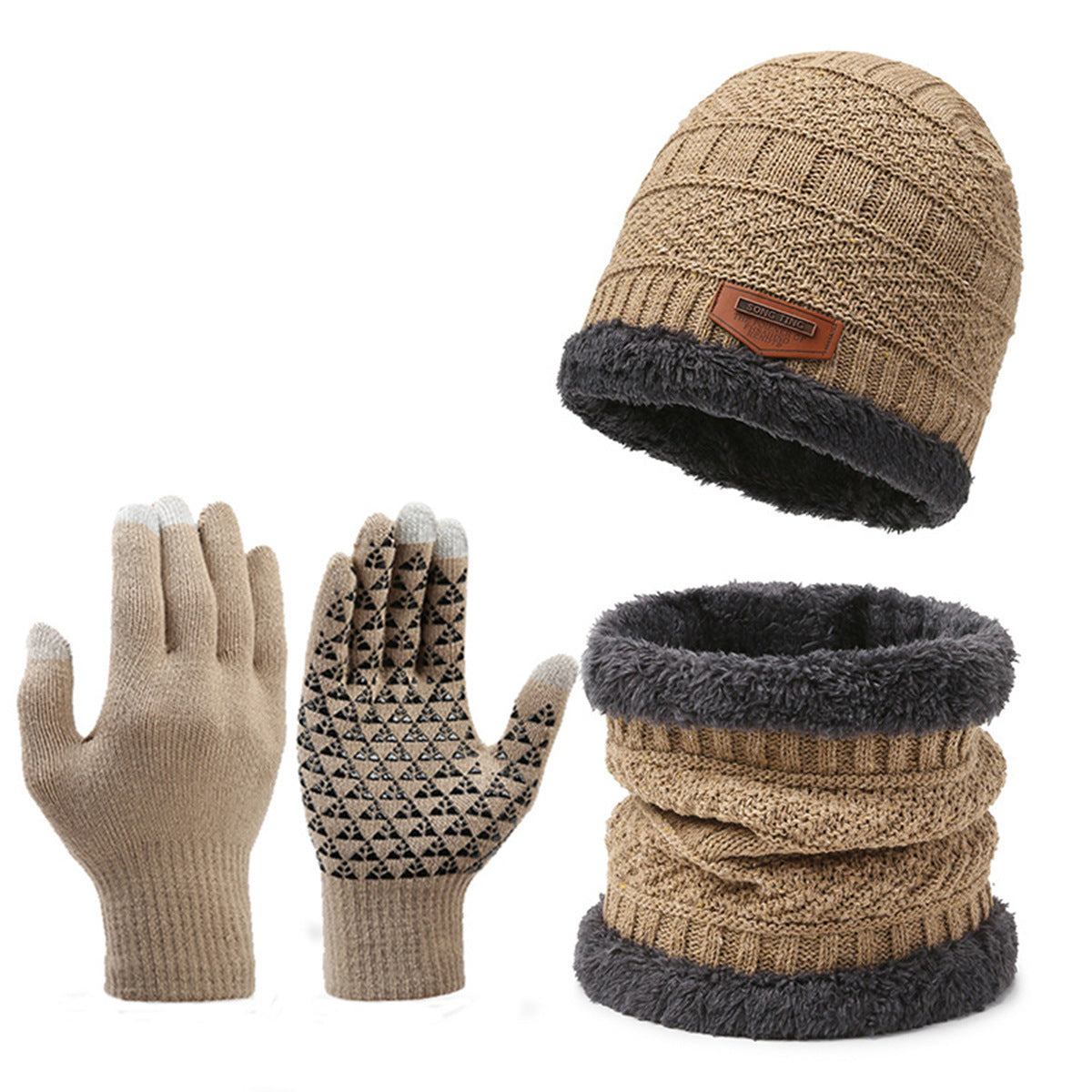 Men&#39;s Winter Scarf Gloves Three-piece Set Fleece-lined Warm Knitted Hat
