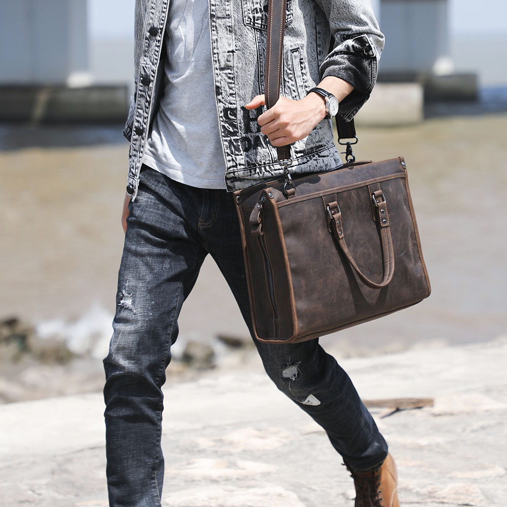 First Layer Cowhide Men&#39;s Business Large Capacity Genuine Leather Laptop Bag