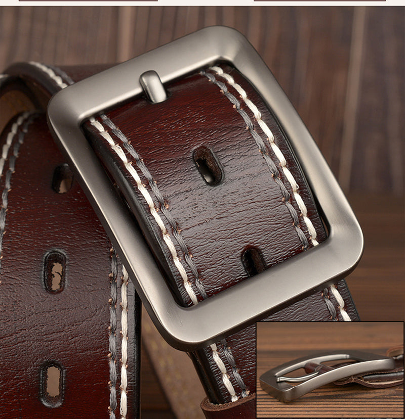 Two-Line Real Cowhide Men&#39;s Belt With Japanese Buckle