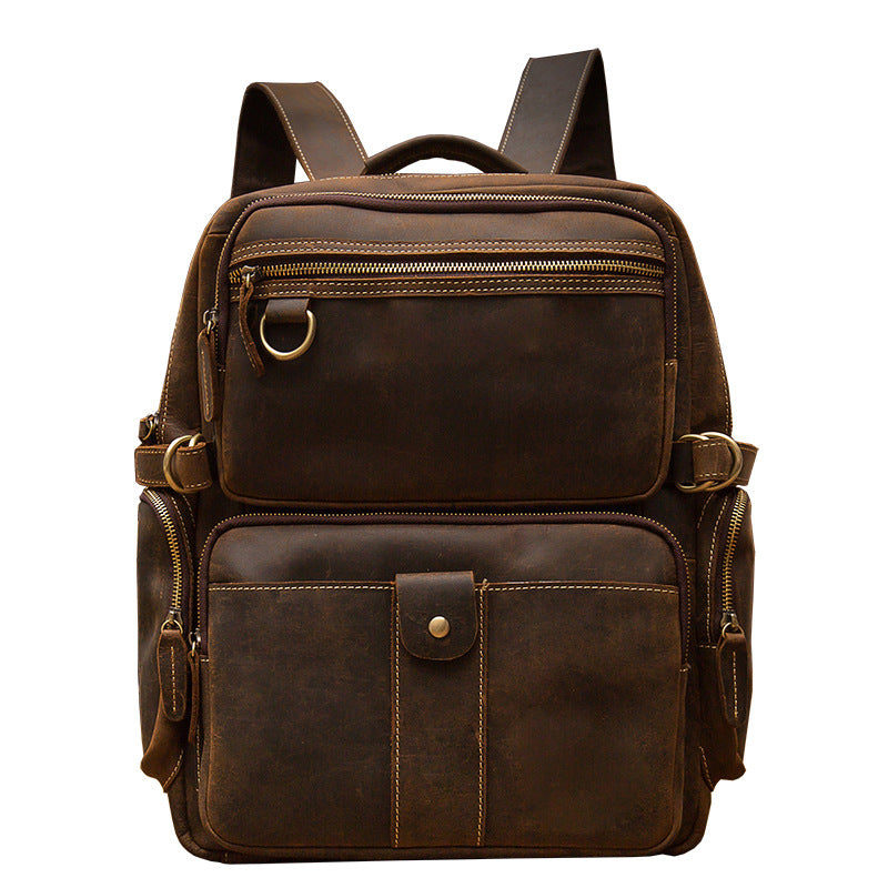 Leather Wide Shoulder Strap Travel Cowhide Backpack
