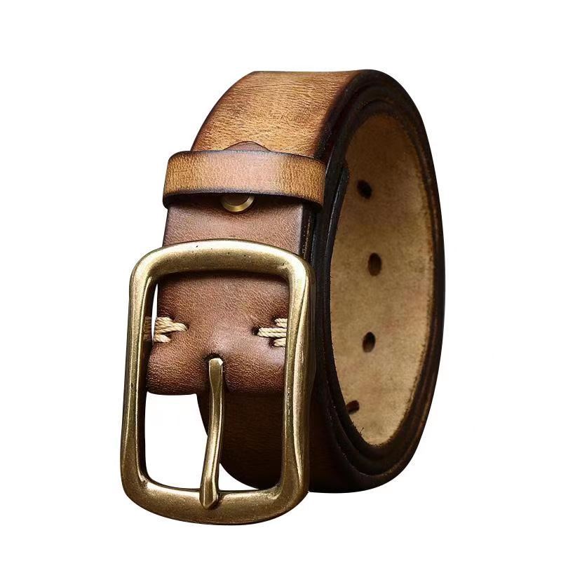 Men&#39;s Cowhide Vintage Distressed Pleated Brass Buckle Belt