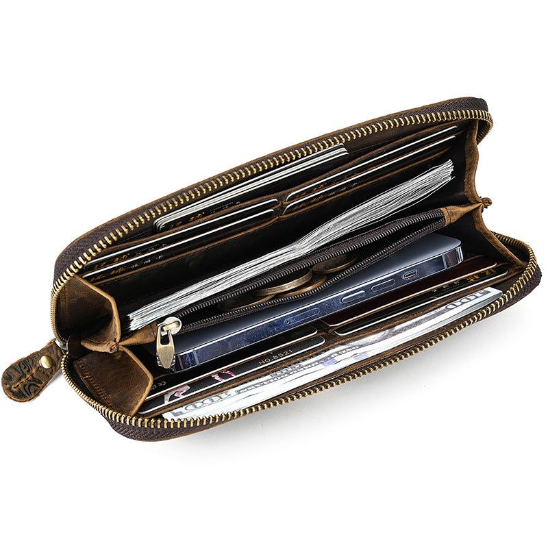 Men&#39;s Crazy Horse Leather Retro Embossing Fashion Long Wallet