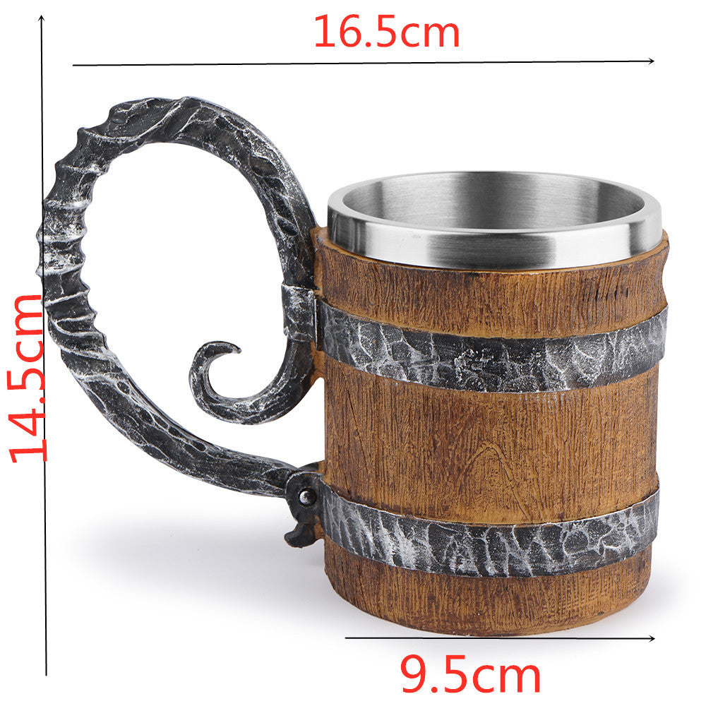 Simulation Wooden Barrel Double-layer Beer Creative Personality Resin Stainless Steel Liner Drinking Cup