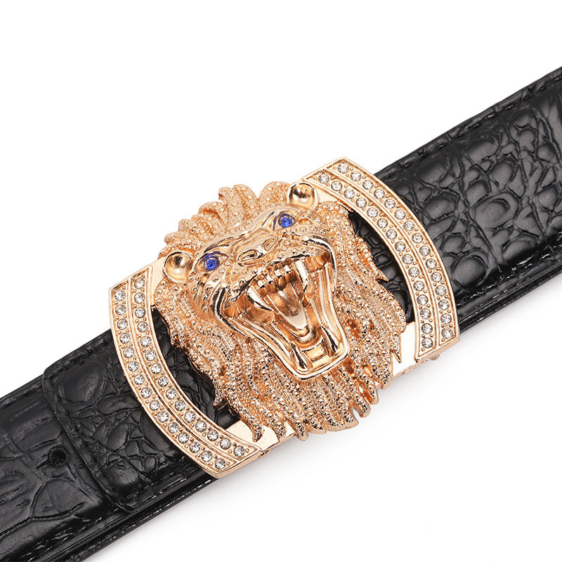 Lion Men&#39;s Smooth Buckle Belt Cowhide Men&#39;s Leather Belt