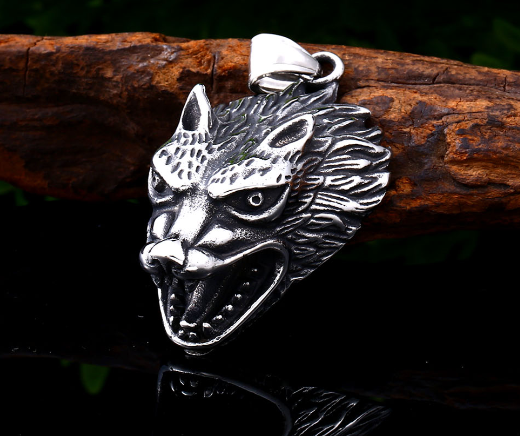 Stainless Steel Viking Wolf Head Men&#39;s Pendant