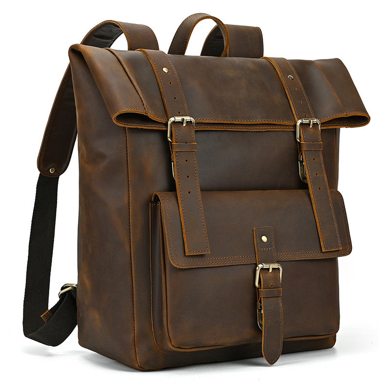 Retro Genuine Leather Backpack Men&#39;s Large-capacity Student First Layer Cowhide Travel