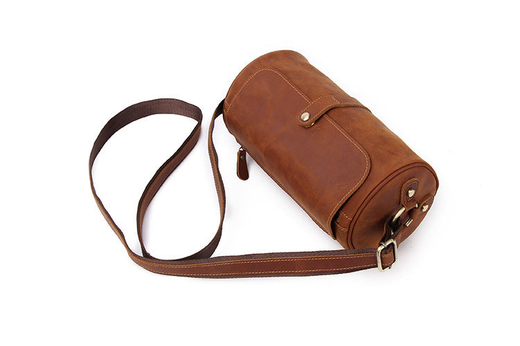 Retro Crazy Horse Leather Round Barrel Genuine Leather Shoulder Men&#39;s Messenger Bag