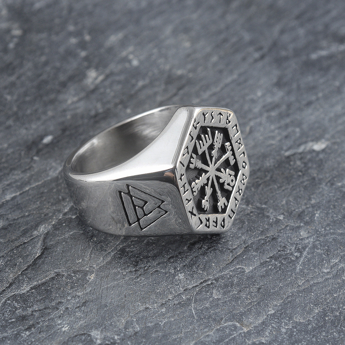 Vintage Hexagon Viking Compass Ring