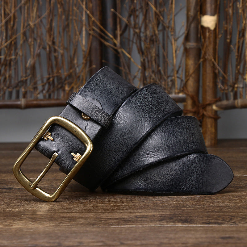 Men&#39;s Cowhide Vintage Distressed Pleated Brass Buckle Belt