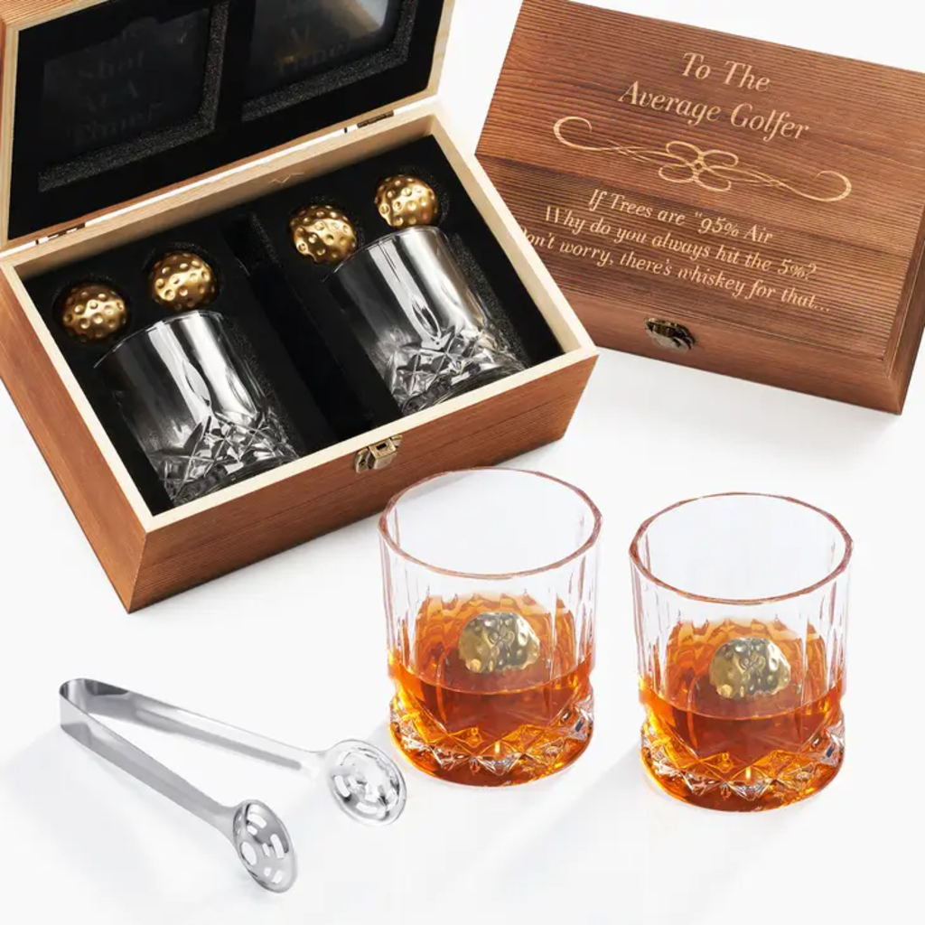 Golf Ball Whiskey Chillers &amp; Glasses with Wood Gift Box