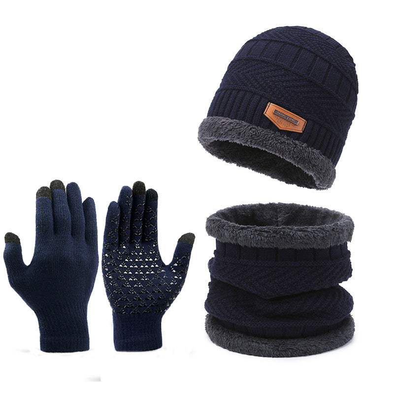 Men&#39;s Winter Scarf Gloves Three-piece Set Fleece-lined Warm Knitted Hat