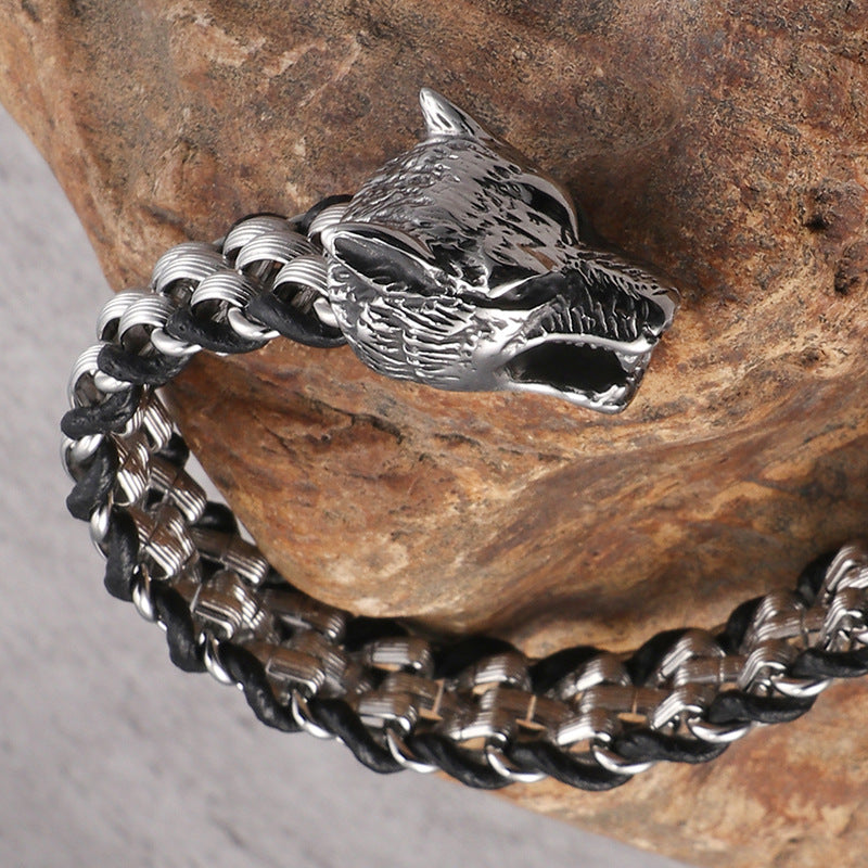 Titanium Wolf Head Men&#39;s Bracelet