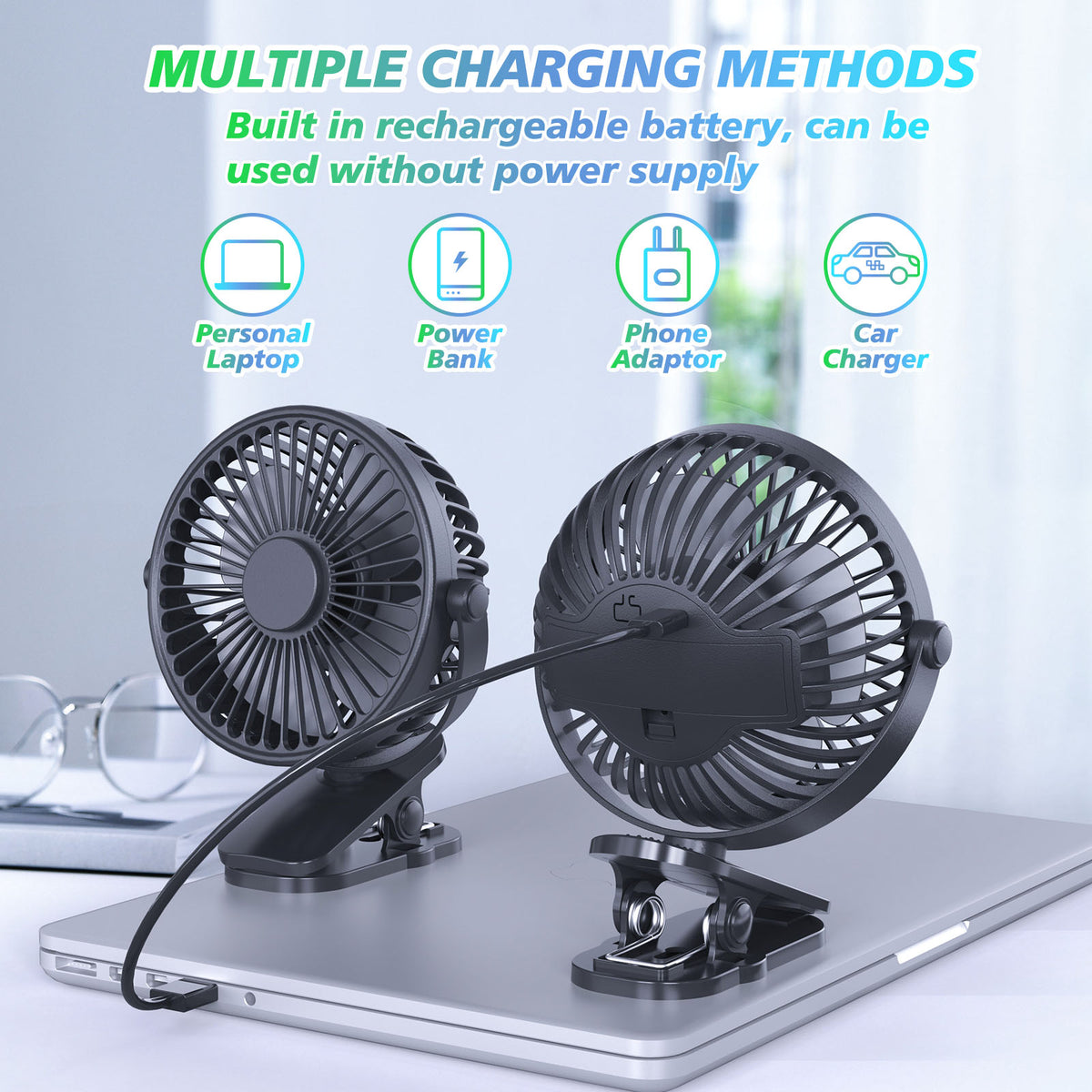 Portable Clip On Fan Battery Operated, Small Powerful USB Desk Fan, 3 Speed Quiet Rechargeable Mini Table Fan, 360 Rotate Cooling Fan For Home Office Travel Outdoor&amp;Indoor Treadmill
