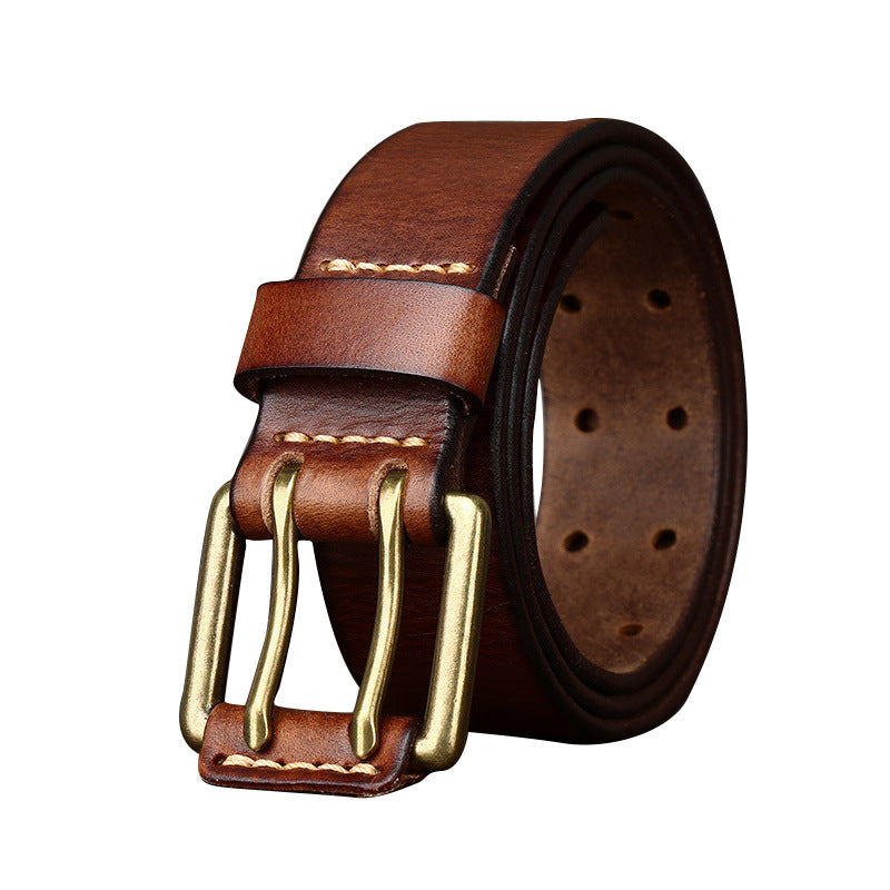 Men&#39;s First Layer Cowhide Vintage Brass Buckle Belt