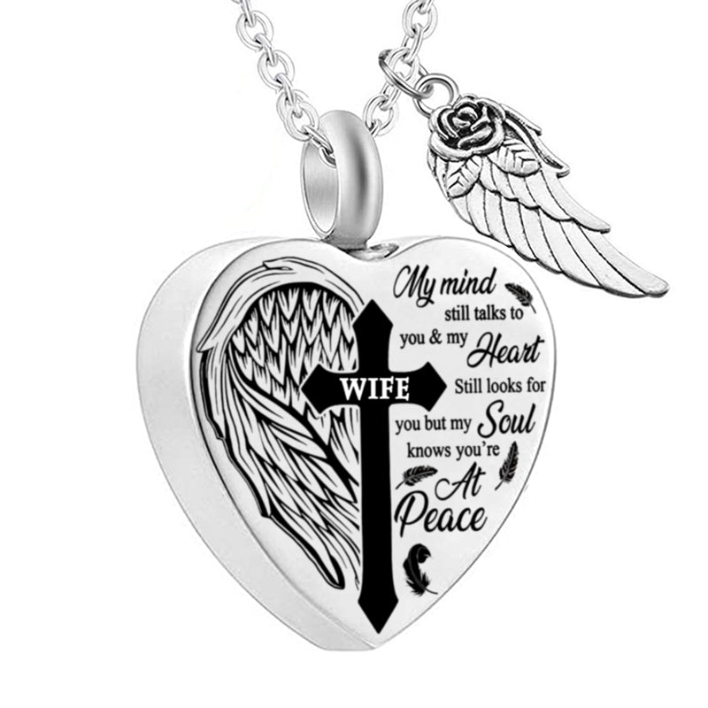 Gothic Cross Son Daughter Mom Dad Husband Wife Stainless Steel Urn Necklace Angel Wing Heart Box Pendant Memorial Jewelry
