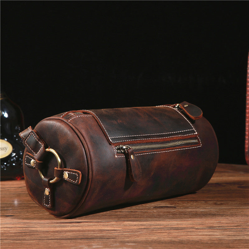 Retro Crazy Horse Leather Round Barrel Genuine Leather Shoulder Men&#39;s Messenger Bag