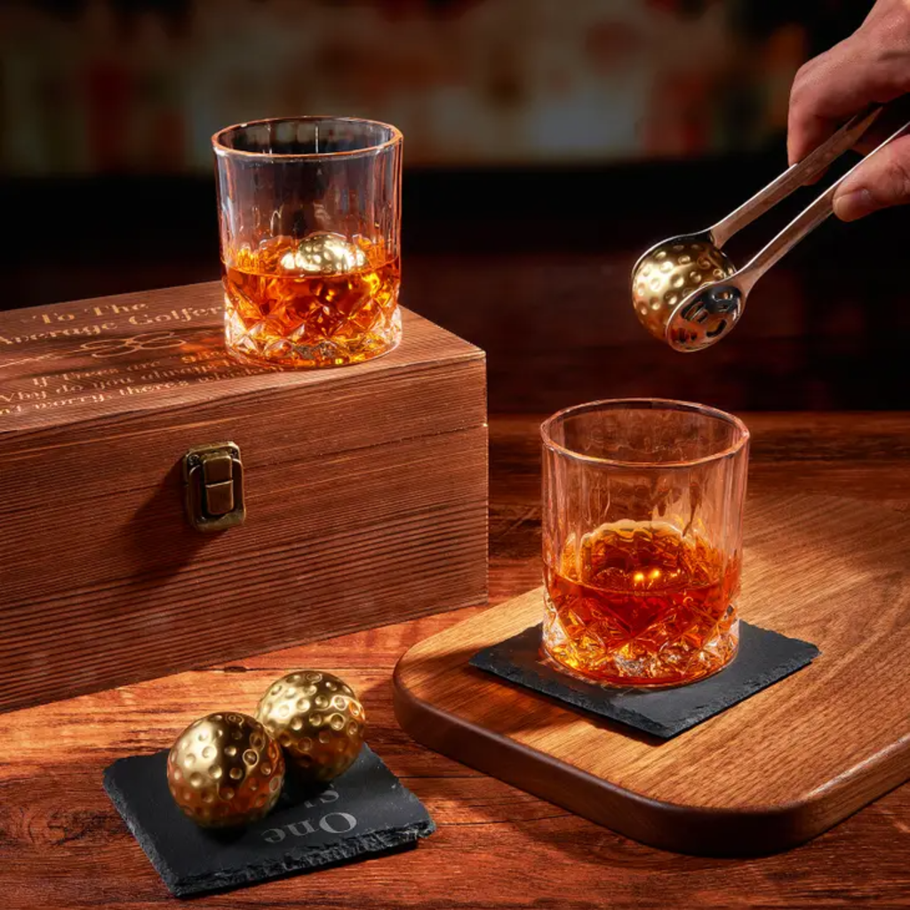 Golf Ball Whiskey Chillers &amp; Glasses with Wood Gift Box