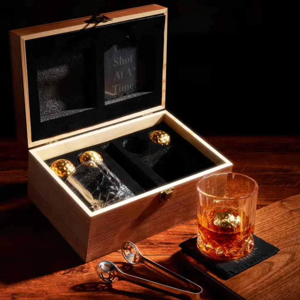 Golf Ball Whiskey Chillers &amp; Glasses with Wood Gift Box
