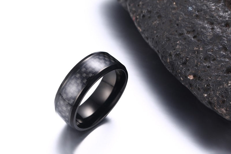 Black Carbon Fiber Inlay Men&#39;s Wedding Brand Ring Stainless Steel Jewelry Dropshopping 8mm