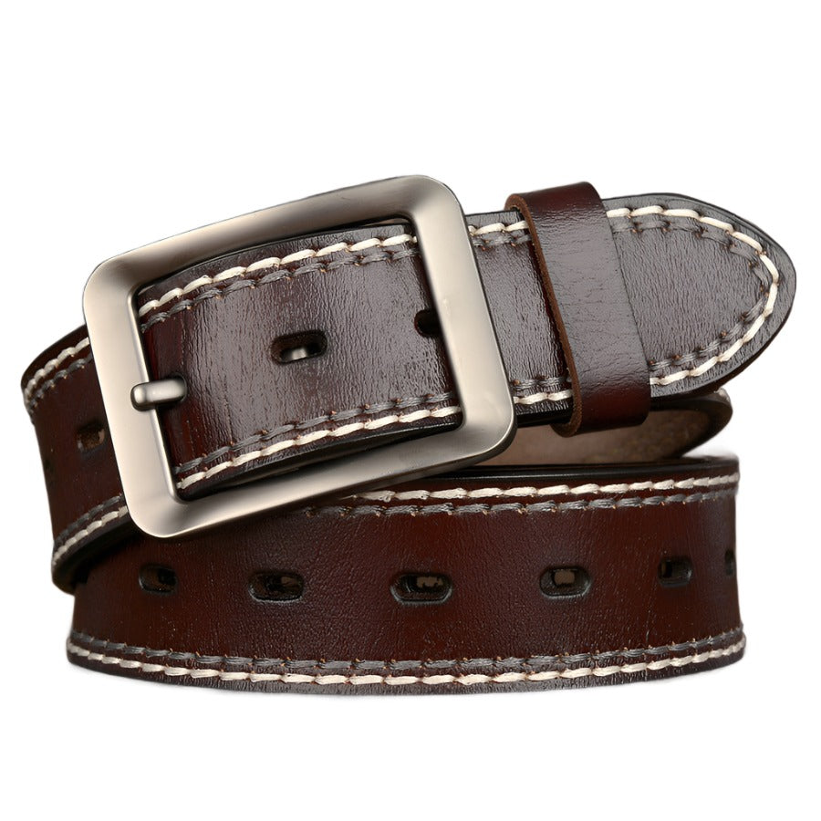 Two-Line Real Cowhide Men&#39;s Belt With Japanese Buckle
