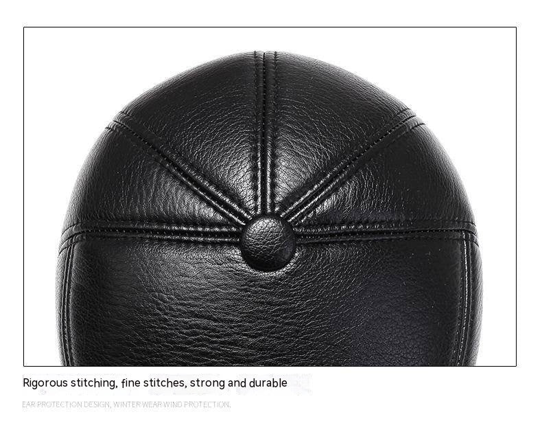 Grandpa Leather Hat Men&#39;s Autumn And Winter Fleece-lined Warm Leisure PU Ears Protection Peaked Cap