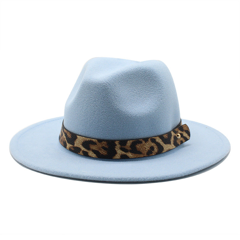 Men&#39;s Fashion Leopard Print Woolen Big Brim Top Hat