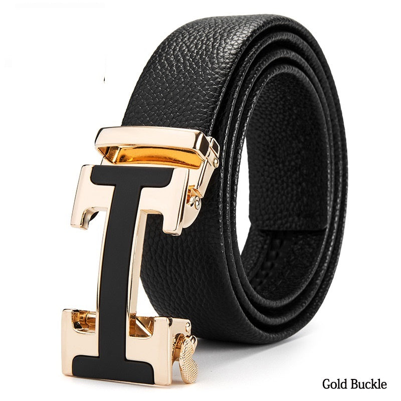 Automatic buckle men&#39;s belt leather lychee pattern