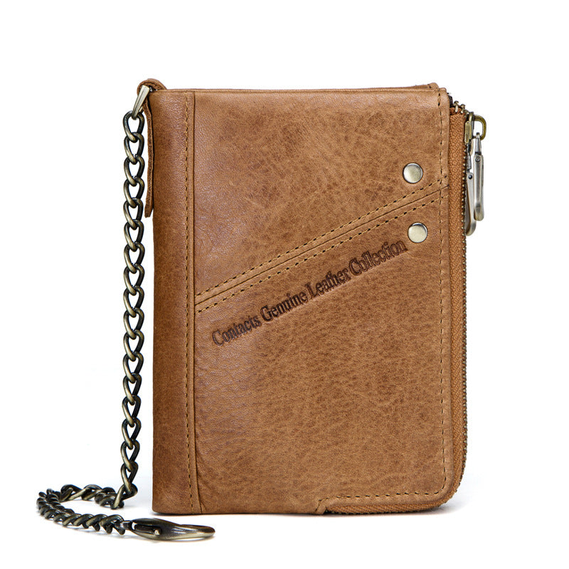 Multifunctional Double Zipper Top Layer Cowhide Coin Purse Men&#39;s Bag