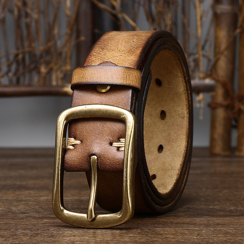 Men&#39;s Cowhide Vintage Distressed Pleated Brass Buckle Belt