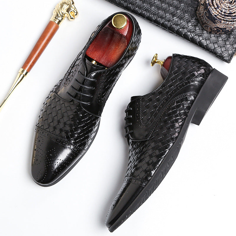 Men&#39;s New British Woven Pointed Business Leather Shoes