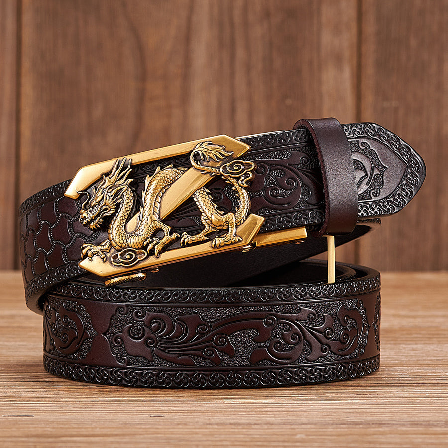 Men&#39;s Dragon Automatic Buckle Two-layer Cow Leather Embossed Belt