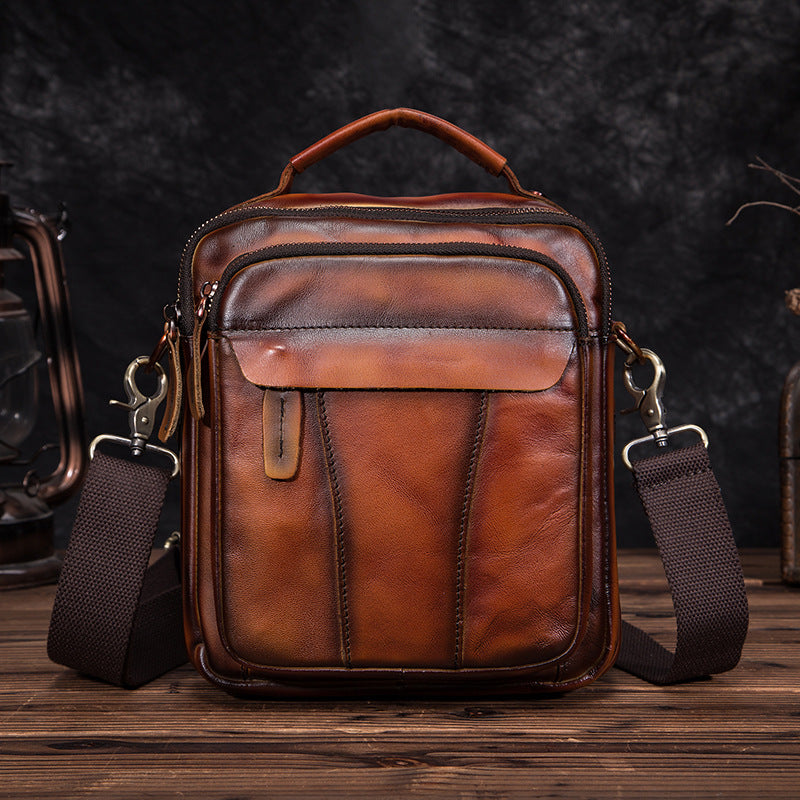 Crazy Horse Leather Retro Men&#39;s 8-inch One-shoulder Diagonal Bag