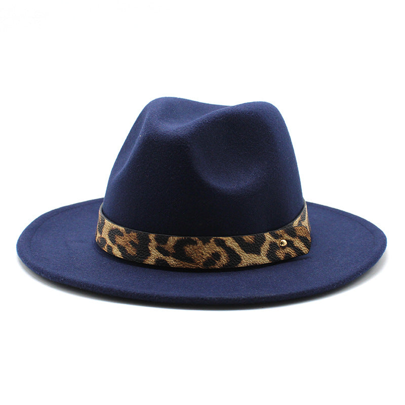 Men&#39;s Fashion Leopard Print Woolen Big Brim Top Hat