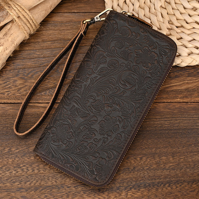 Men&#39;s Crazy Horse Leather Retro Embossing Fashion Long Wallet