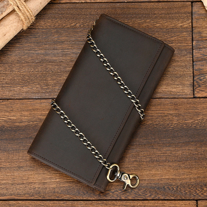 Men&#39;s Crazy Horse Leather Long Chain Anti-theft Wallet