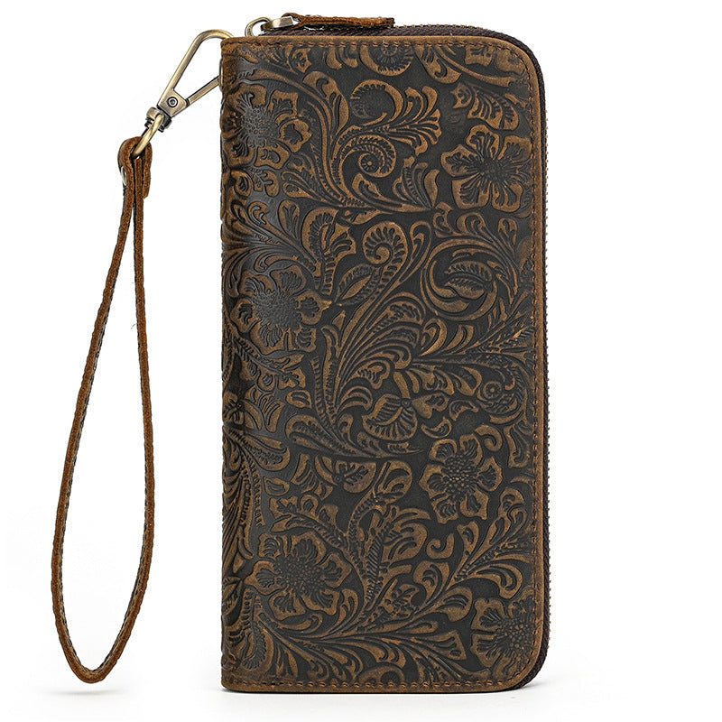 Men&#39;s Crazy Horse Leather Retro Embossing Fashion Long Wallet