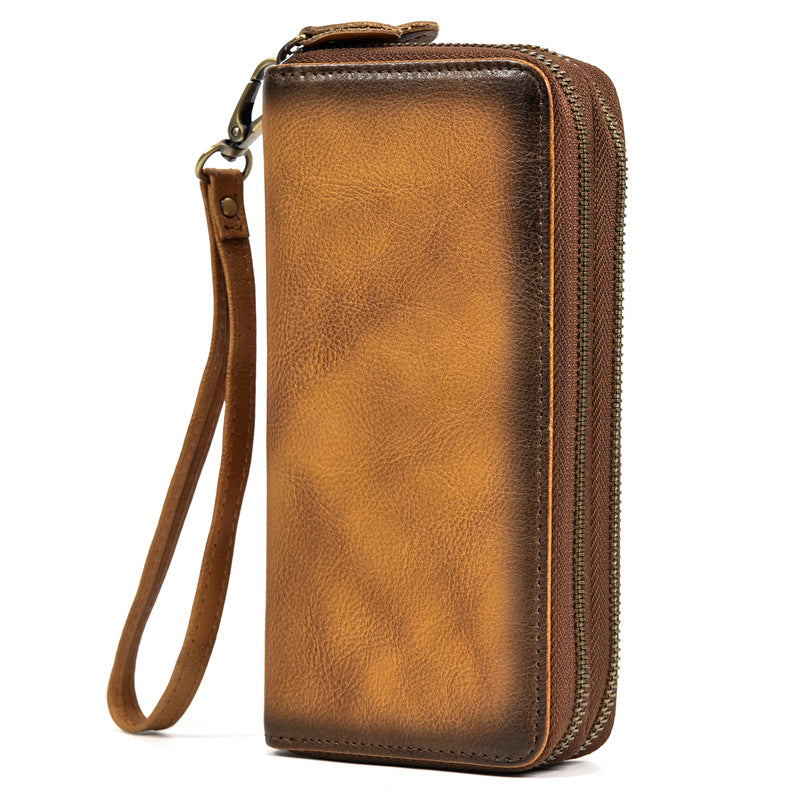 Men&#39;s Crazy Horse Leather Long Leather Zipper Wallet