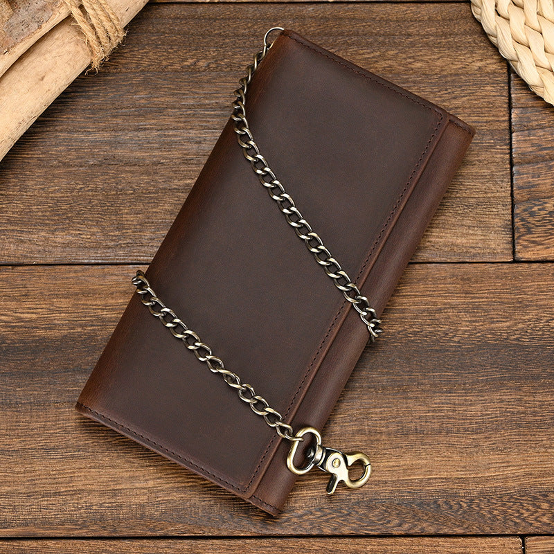 Men&#39;s Crazy Horse Leather Long Chain Anti-theft Wallet