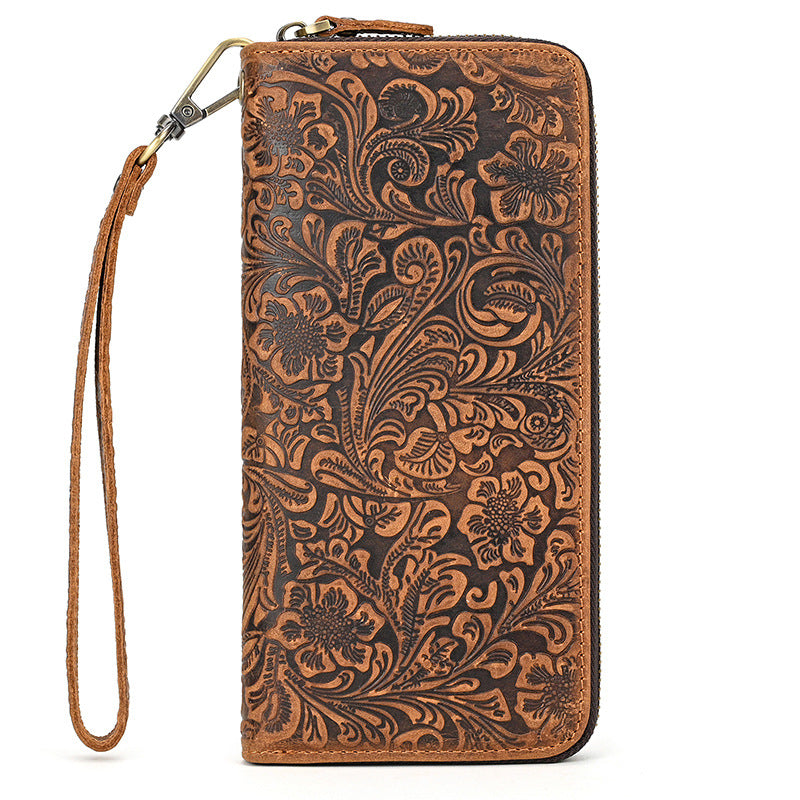 Men&#39;s Crazy Horse Leather Retro Embossing Fashion Long Wallet